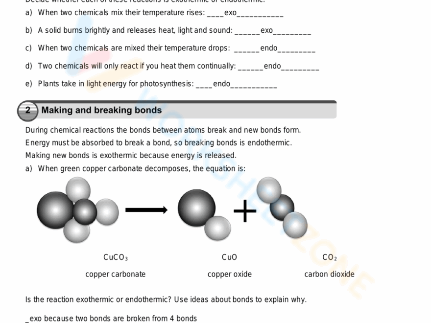 Printable Endothermic And Exothermic Reaction Worksheets