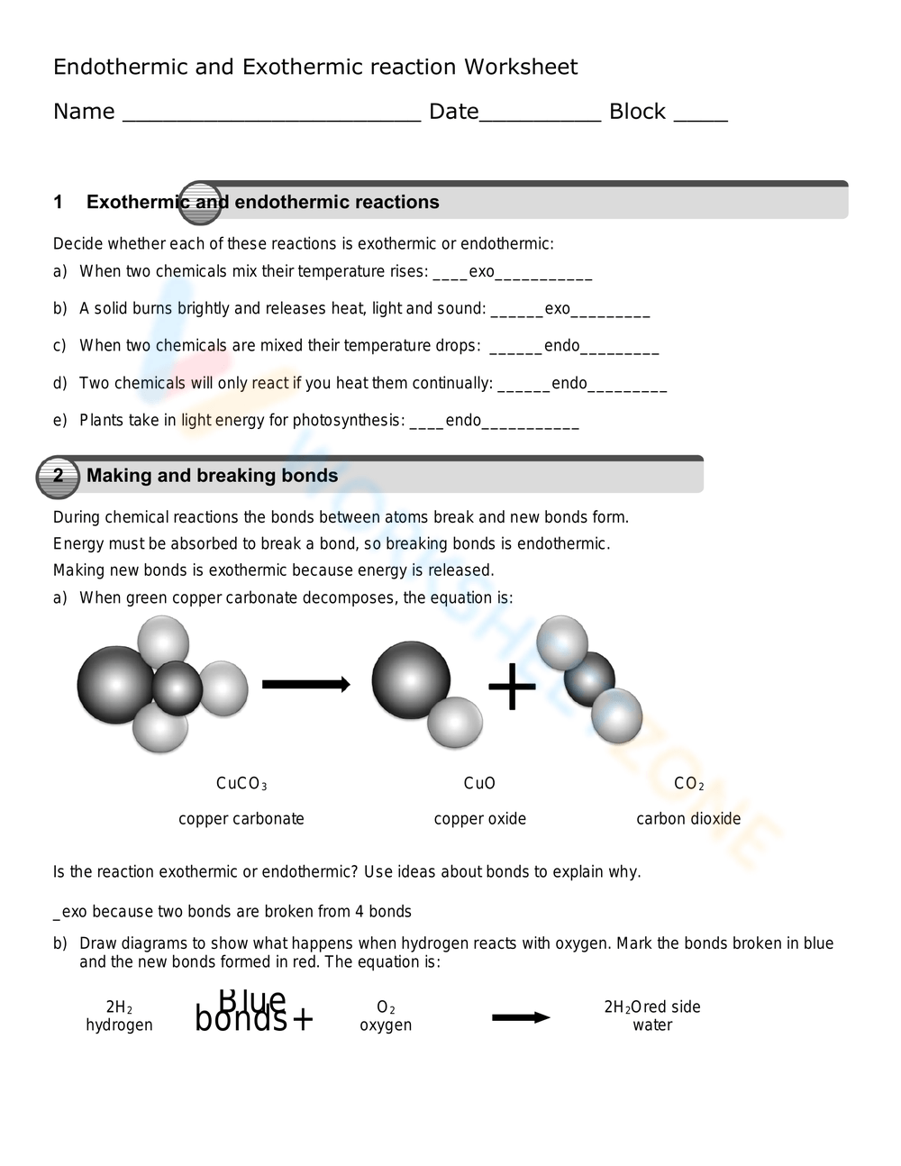 Printable Endothermic And Exothermic Reaction Worksheets