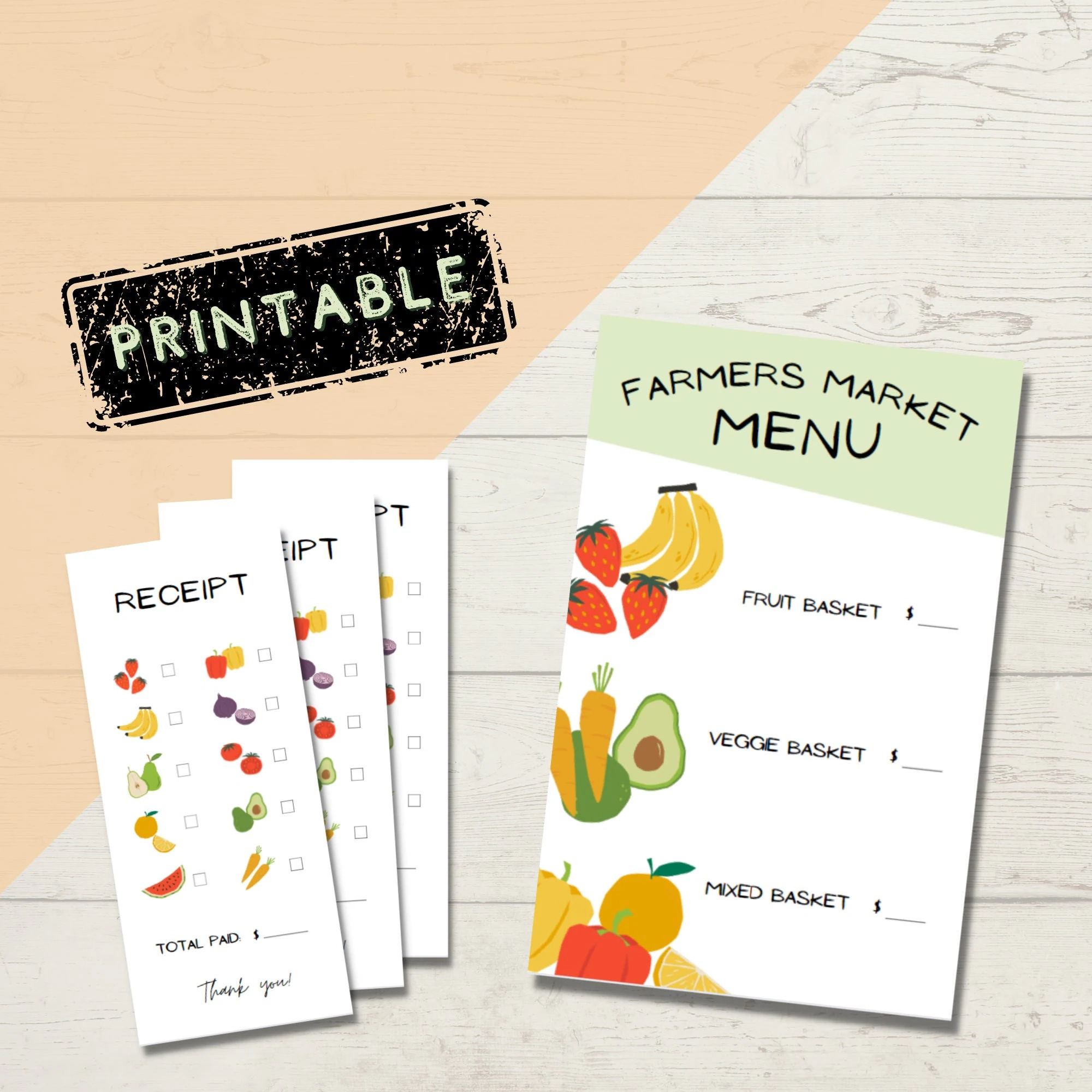Printable Farmers Market Stand Menus And Receipts For Kids Creative Play Pretend Fruit And Veggie Theme Menu Receipts For Kids Etsy