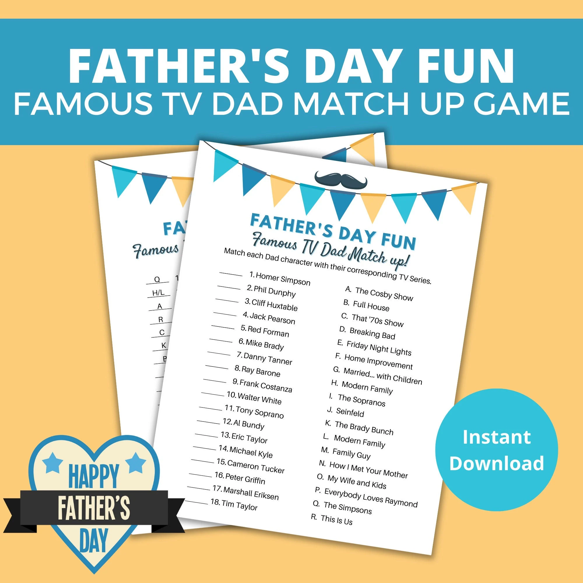 Printable Father s Day Game Famous TV Dad Match Up Quiz TV Knowledge Challenge Party Icebreaker Family Fun Night Competition Etsy