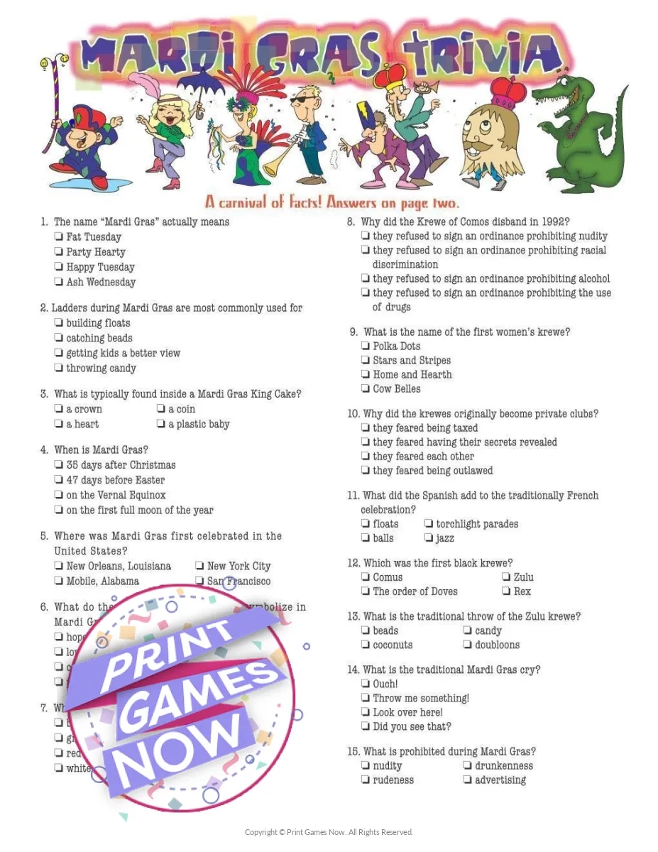 Printable Mardi Gras Trivia Party Game Print Games Now