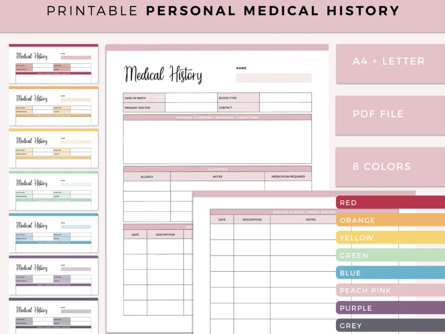 Printable Medical History Form Health Planner Insert Binder Template Family History Chart Personal Health Tracker A4 And Letter Size Etsy