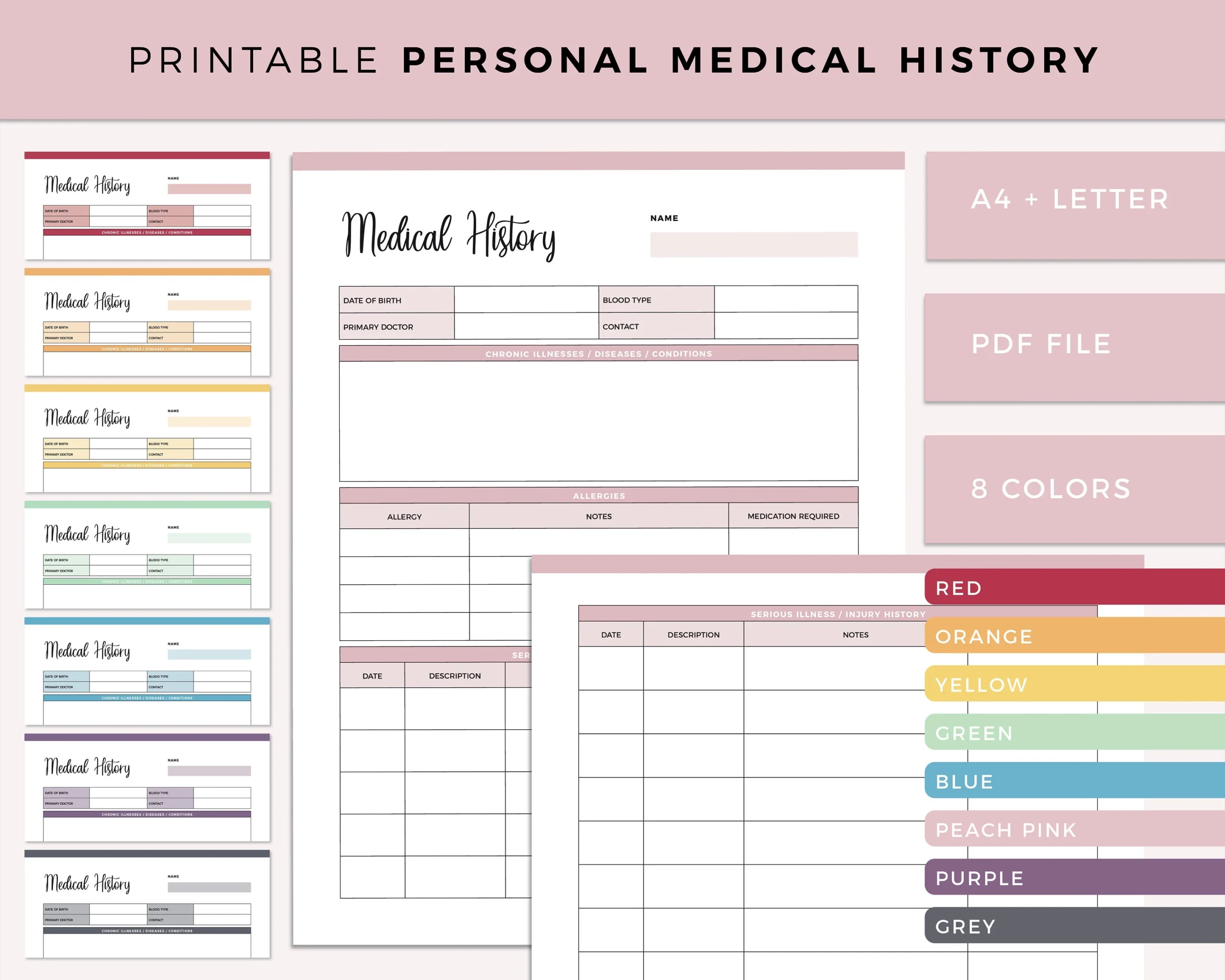 Printable Medical History Form Health Planner Insert Binder Template Family History Chart Personal Health Tracker A4 And Letter Size Etsy