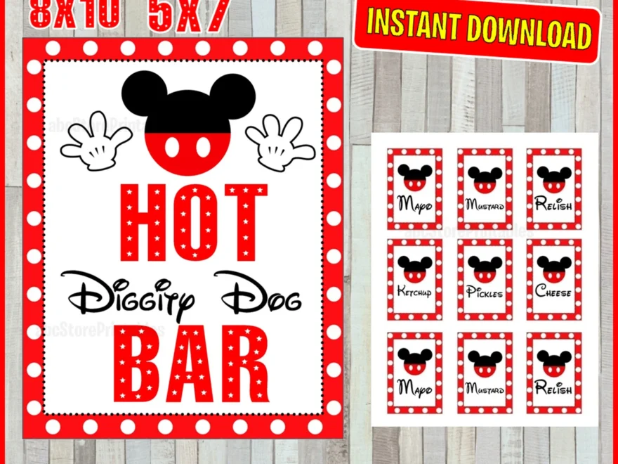 Printable Mickey Mouse Hot Diggity Dog Bar Sign And Condiment Labels Party Sign 5x7 And 8x10 INSTANT DOWNLOAD Etsy
