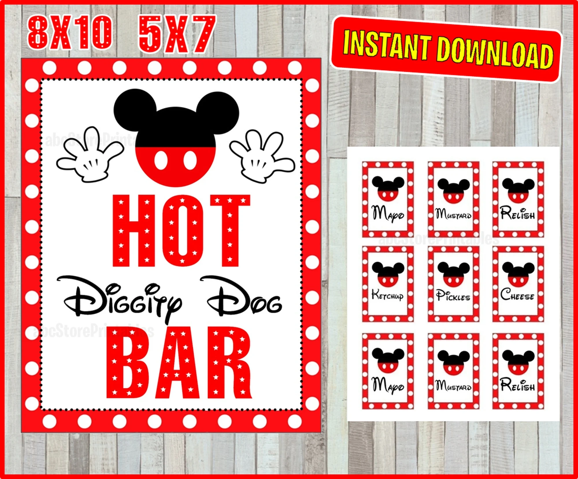 Printable Mickey Mouse Hot Diggity Dog Bar Sign And Condiment Labels Party Sign 5x7 And 8x10 INSTANT DOWNLOAD Etsy