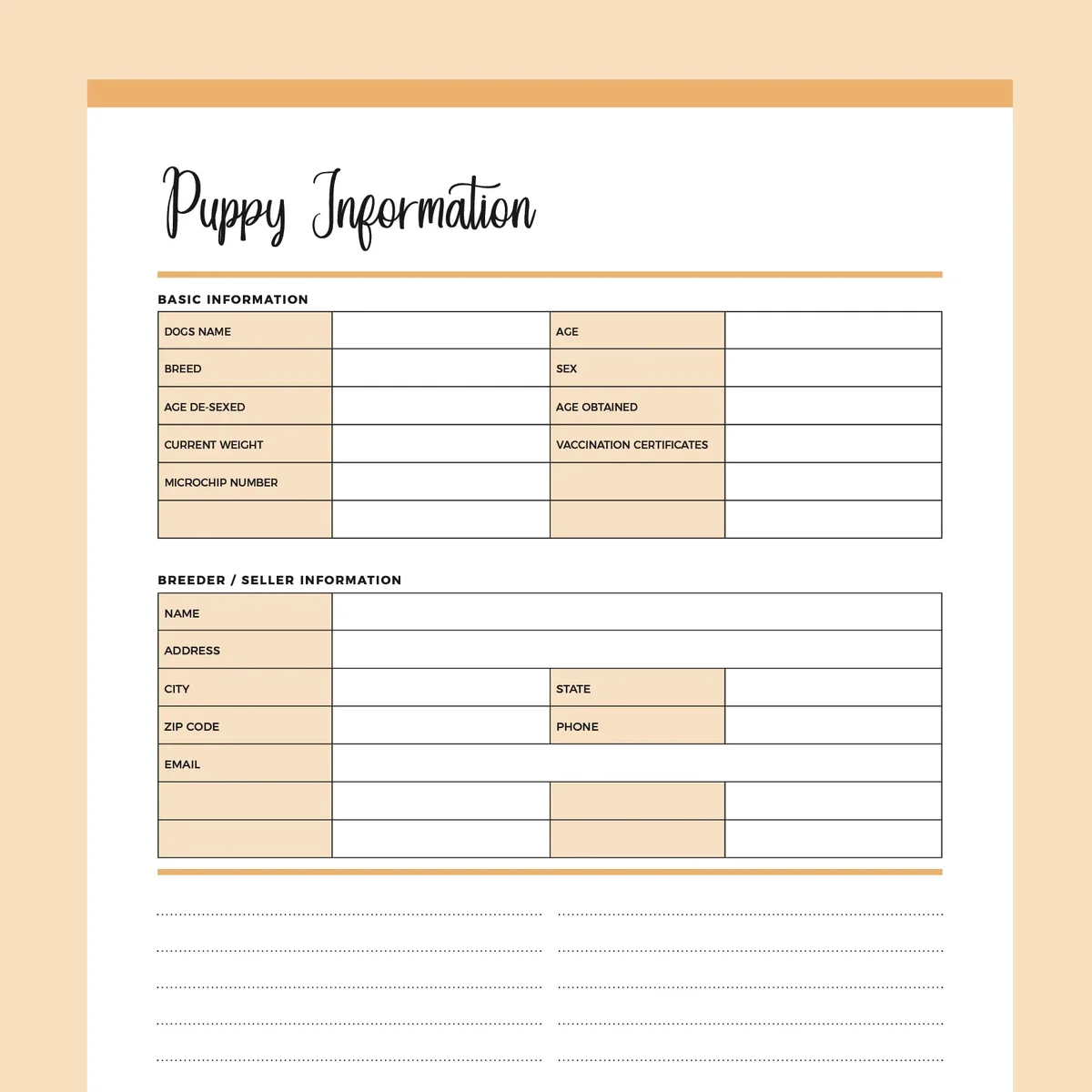 Printable New Puppy Information Template Instant Download PDF A4 And US Letter Plan Print Land
