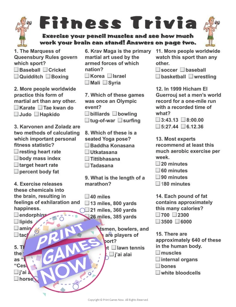 Printable Pop Culture Fitness Trivia Party Game Print Games Now Printable Pop Culture Fitness Trivia Party Game Print Games Now