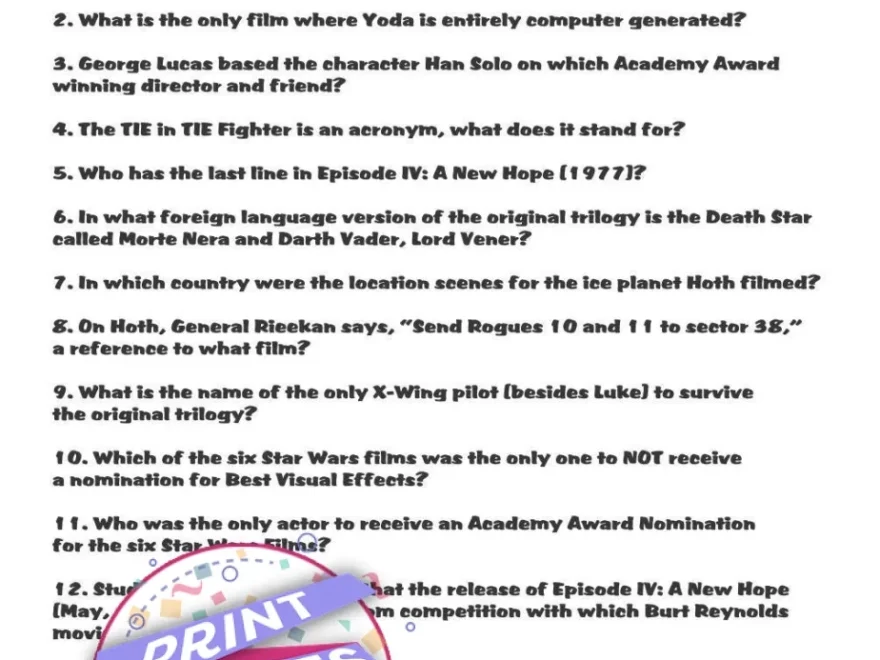 Printable Pop Culture Star Wars Use The Force Trivia Party Game Print Games Now