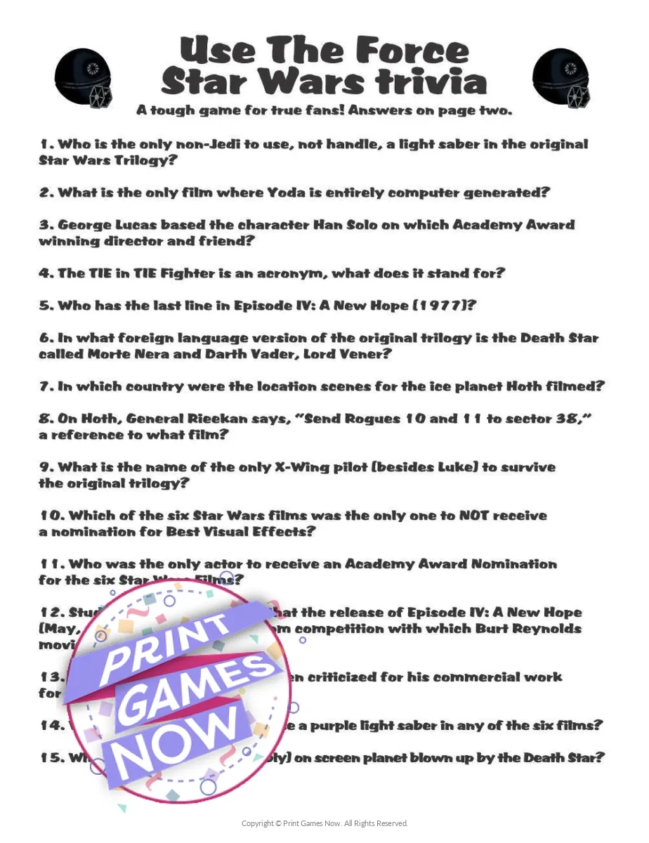 Printable Pop Culture Star Wars Use The Force Trivia Party Game Print Games Now Printable Pop Culture Star Wars Use The Force Trivia Party Game Print Games Now
