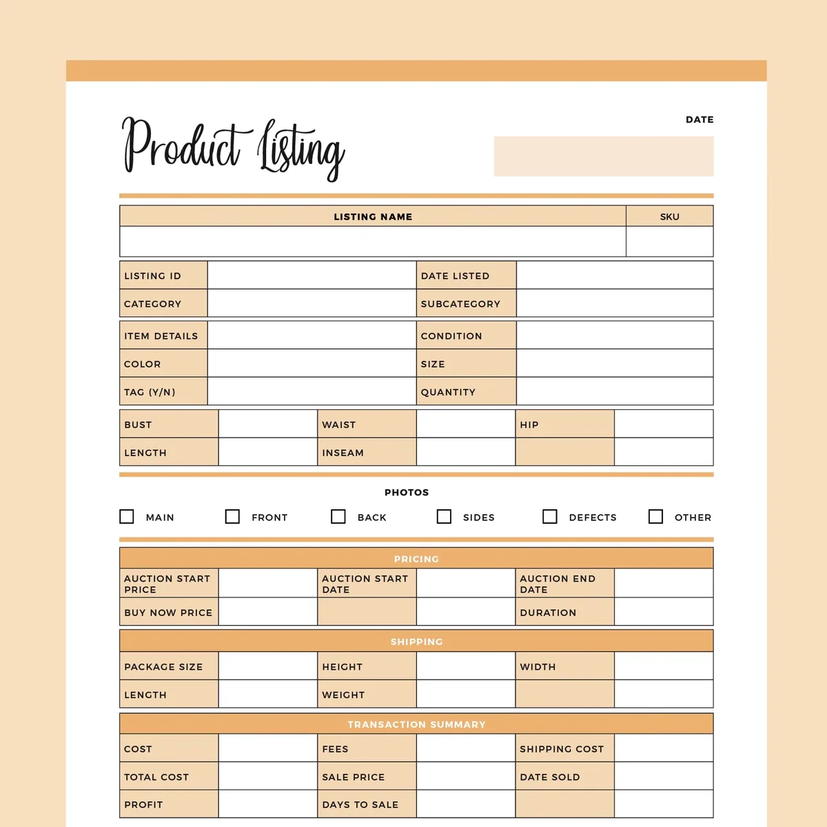 Ebay Listing Inventory Printable