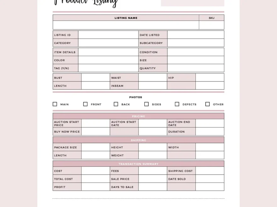 Printable Product Listing Template For Ebay Instant Download PDF Plan Print Land