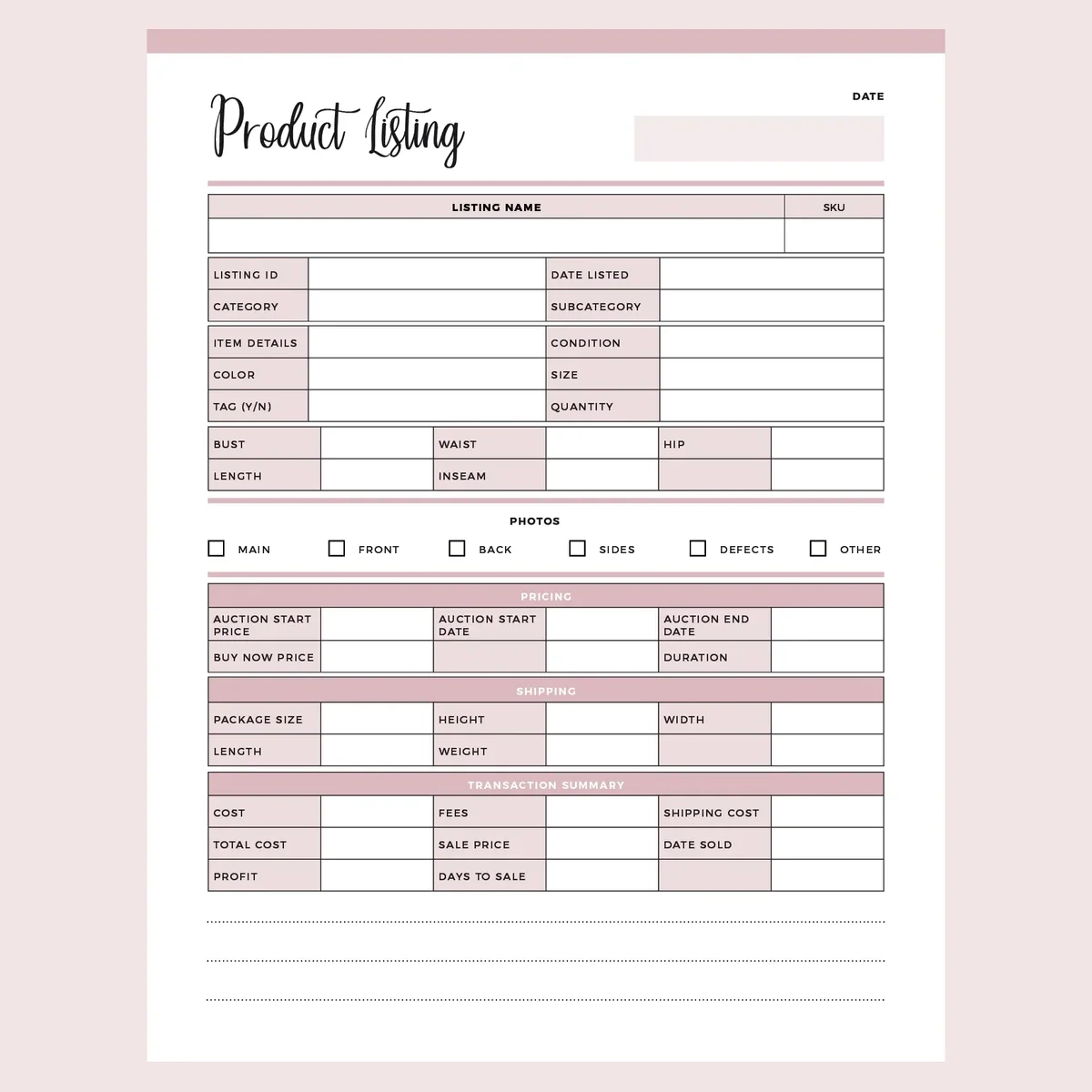 Printable Product Listing Template For Ebay Instant Download PDF Plan Print Land