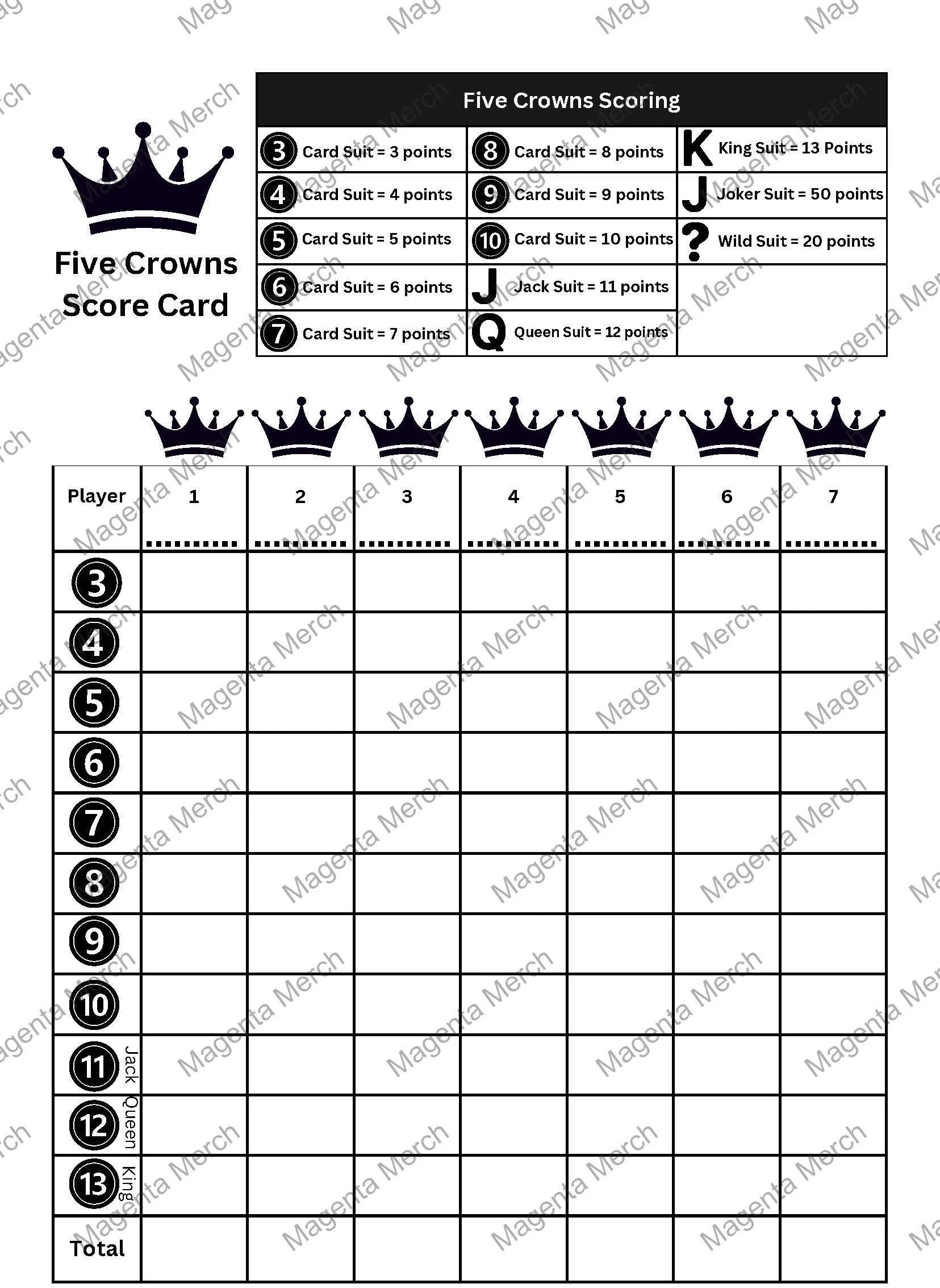 Free Printable Five Crowns Score Sheet