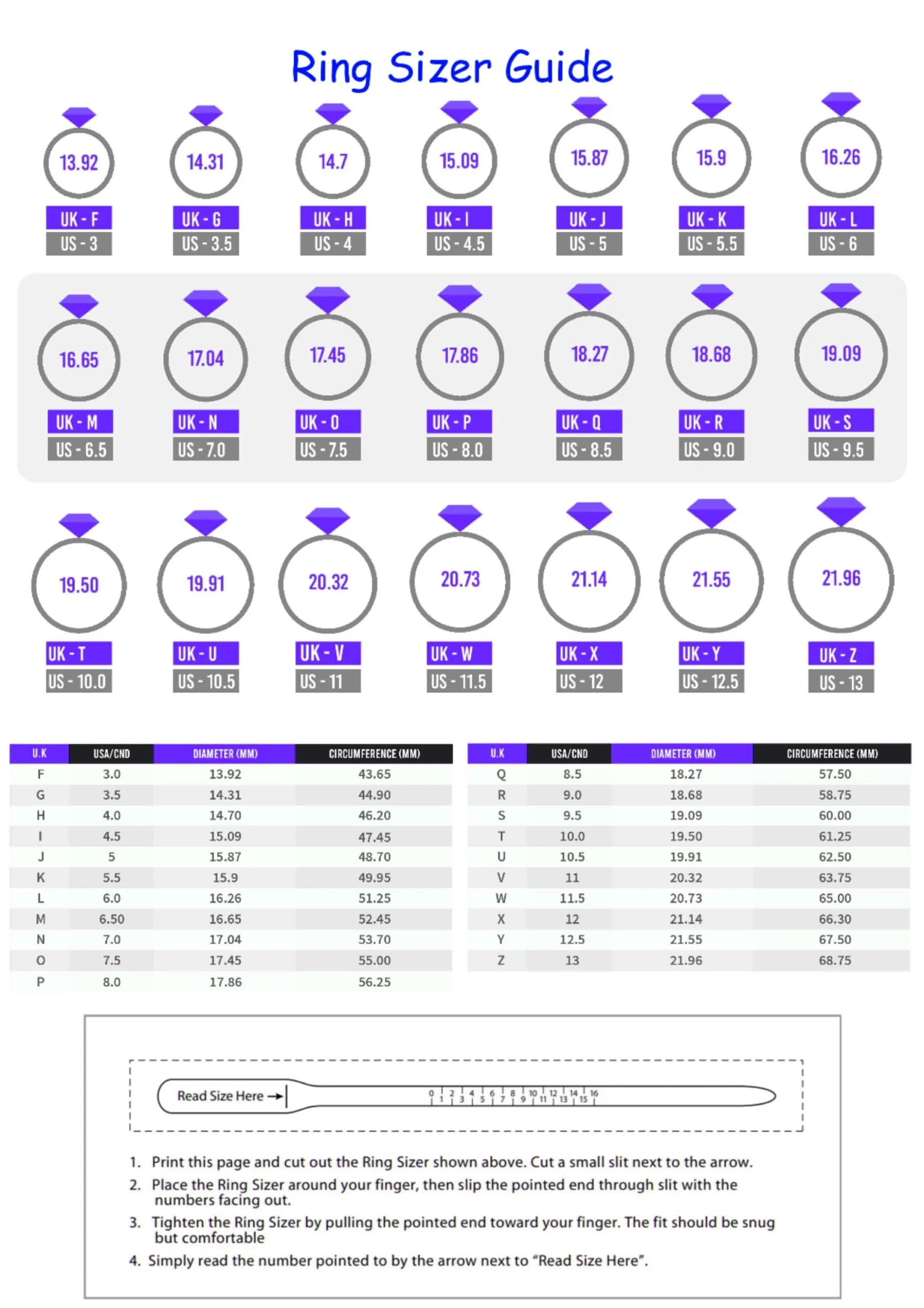 Printable Ring Size Guide Uk