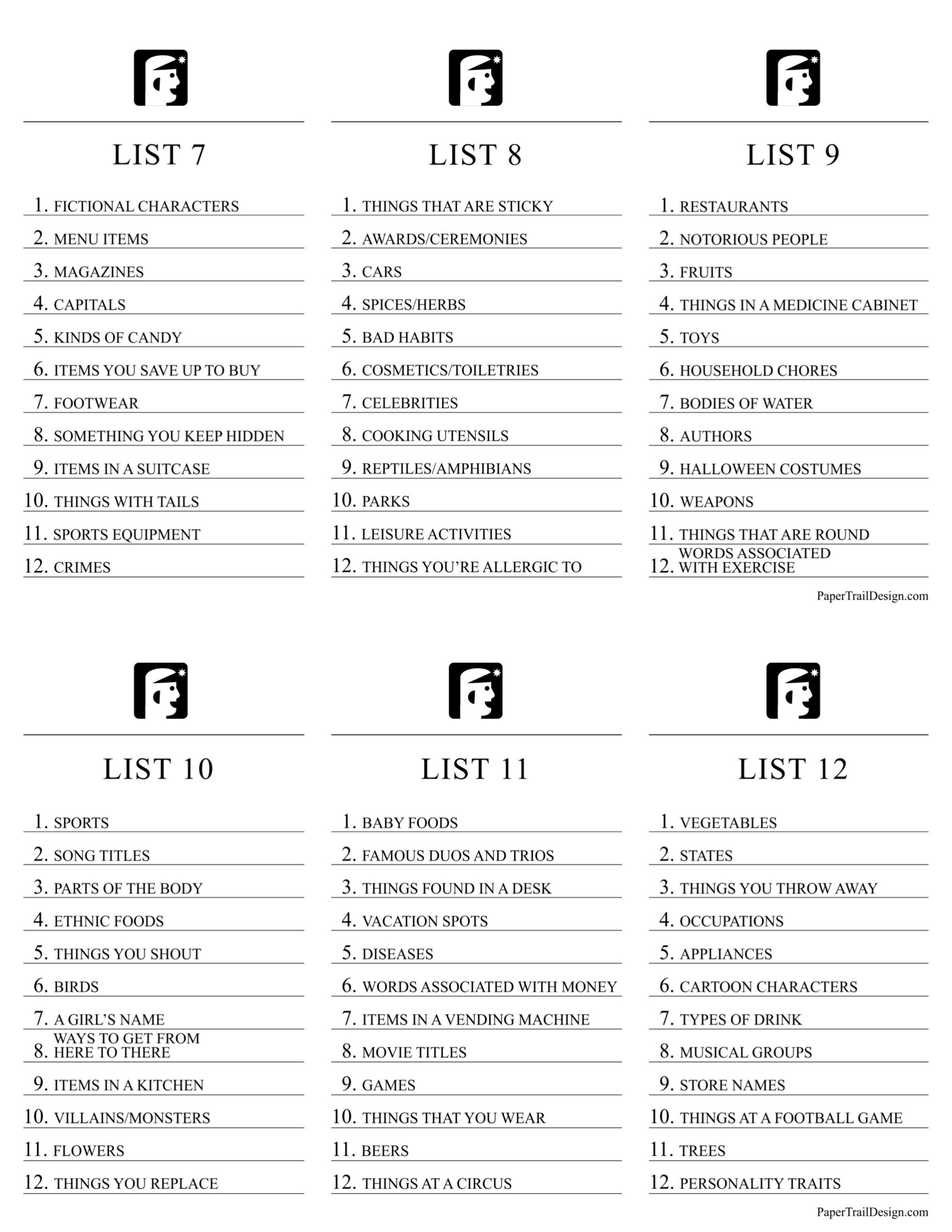 Scattergories List Printable Blank