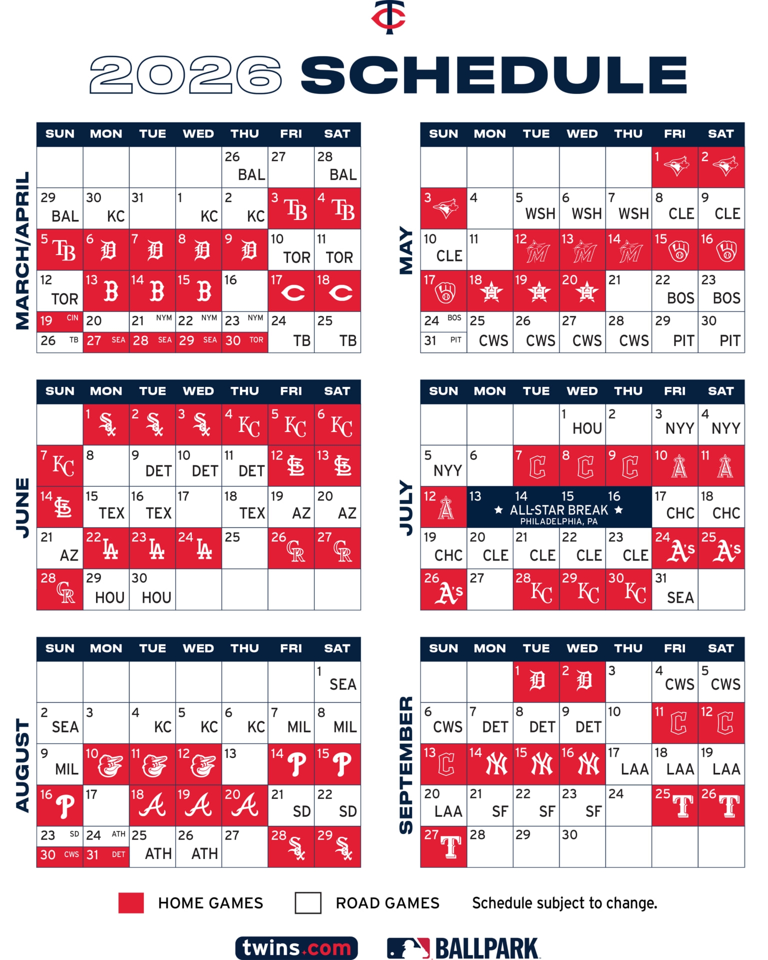 2026 Twins Schedule Printable