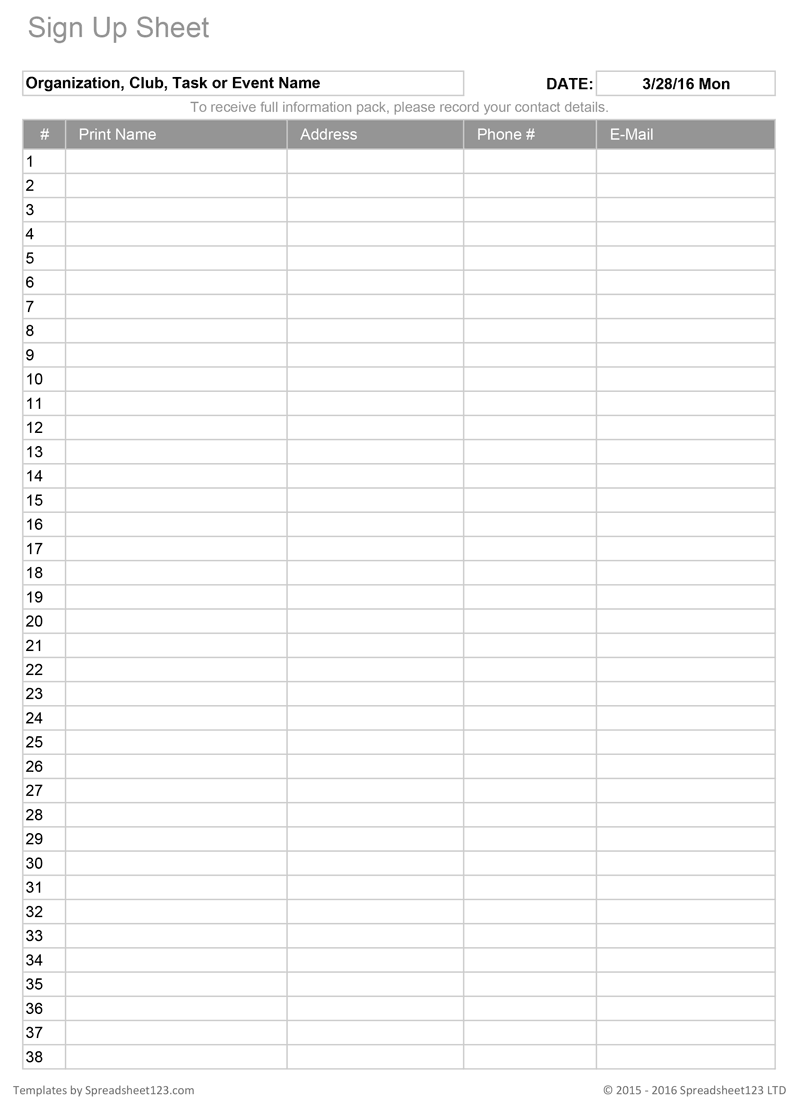 Printable Sign Up Sheet Template