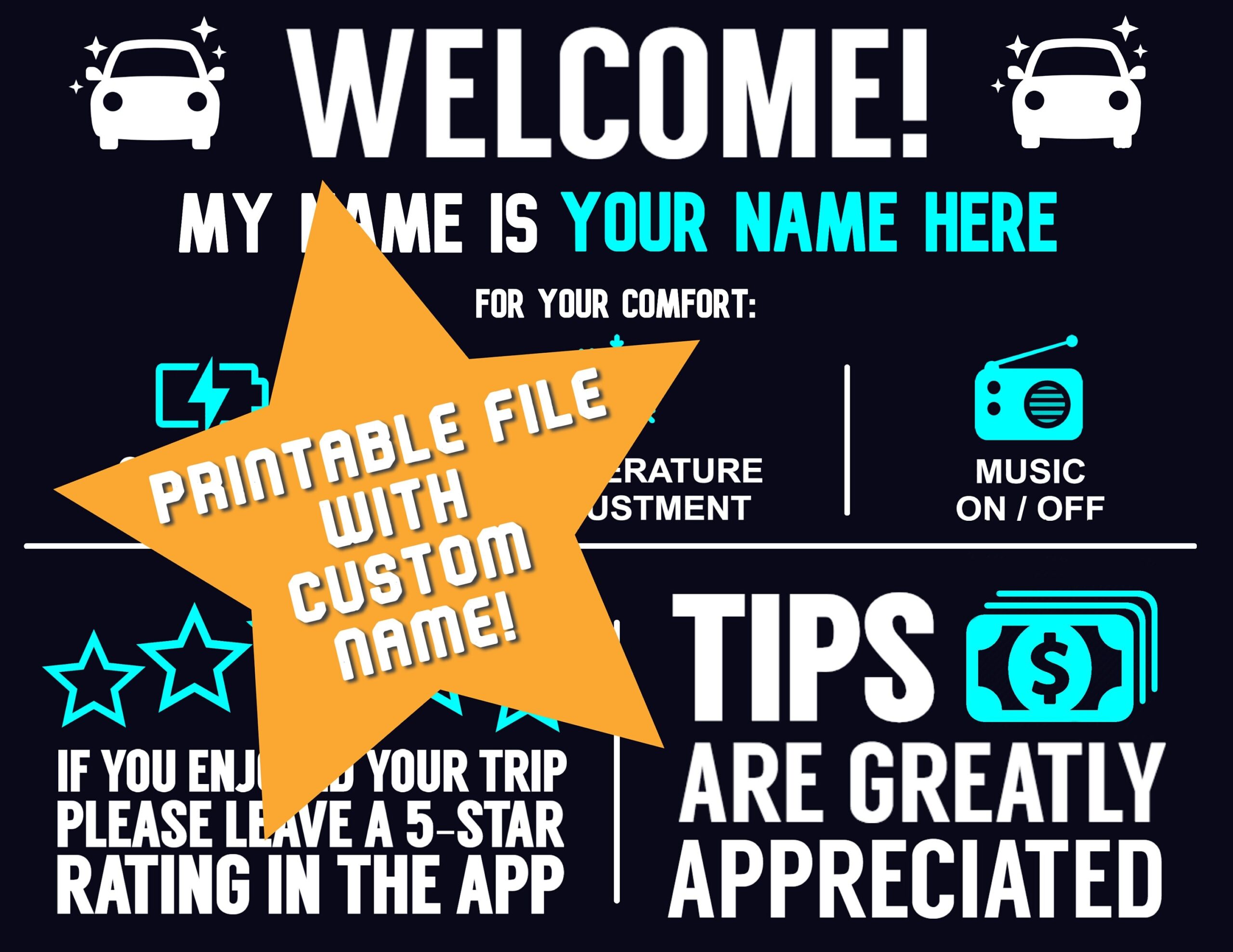 PRINTABLE Uber Tip Sign With Name DIGITAL FILE Etsy