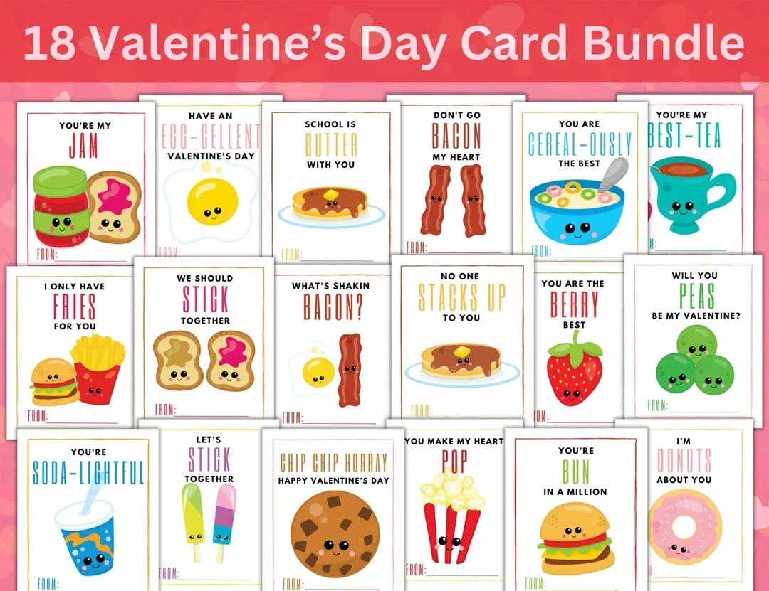 Printable Valentine s Day Card Bundle 18 Food Pun Cards Instant Download PDF Kids Valentine s Day Cards Etsy