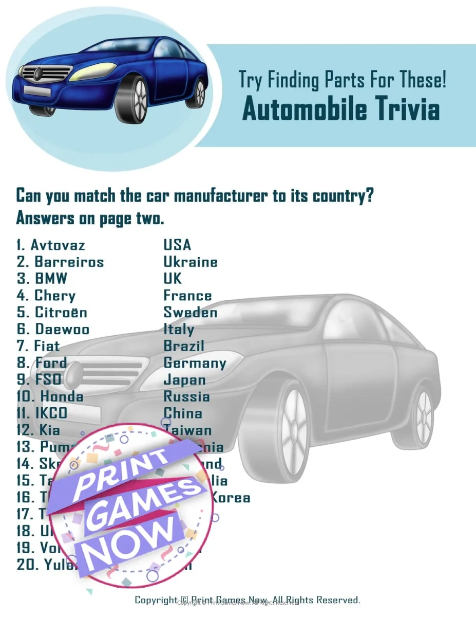 Printable Vehicle Trivia Party Game Print Games Now