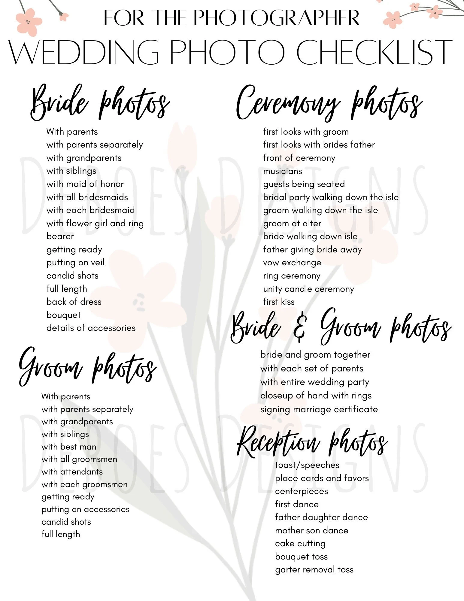 Printable List For Photographer Wedding Shots