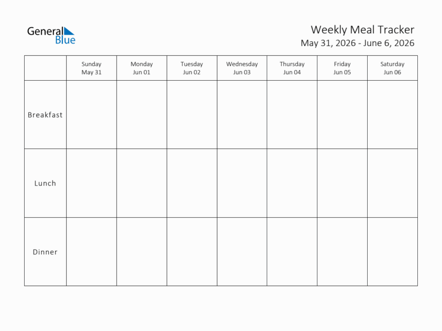 Printable Weekly Meal Tracker Week Of May 31 2026