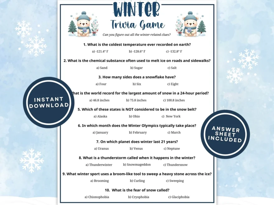 Printable Winter Trivia Game For Kids And Adults 10 Winter Trivia Questions With Multiple Choice Answers Great For Winter Instant Download Etsy