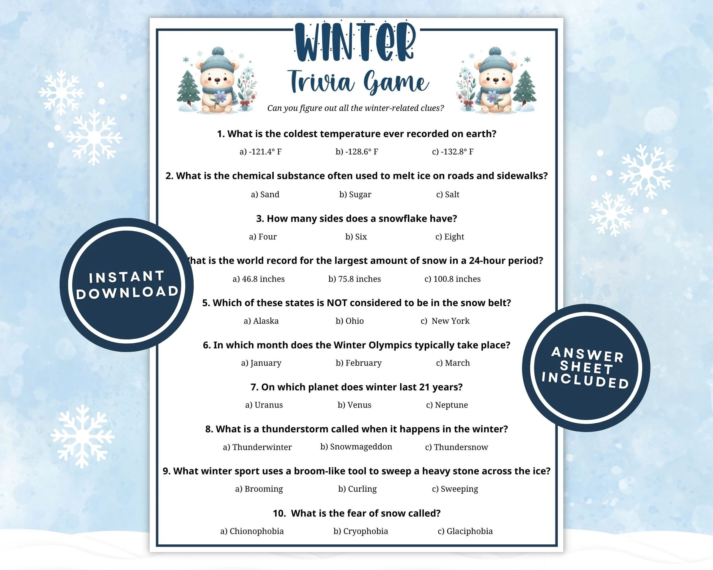Printable Winter Trivia Game For Kids And Adults 10 Winter Trivia Questions With Multiple Choice Answers Great For Winter Instant Download Etsy Printable Winter Trivia Game For Kids And Adults 10 Winter Trivia Questions With Multiple Choice Answers Great For Winter Instant Download Etsy