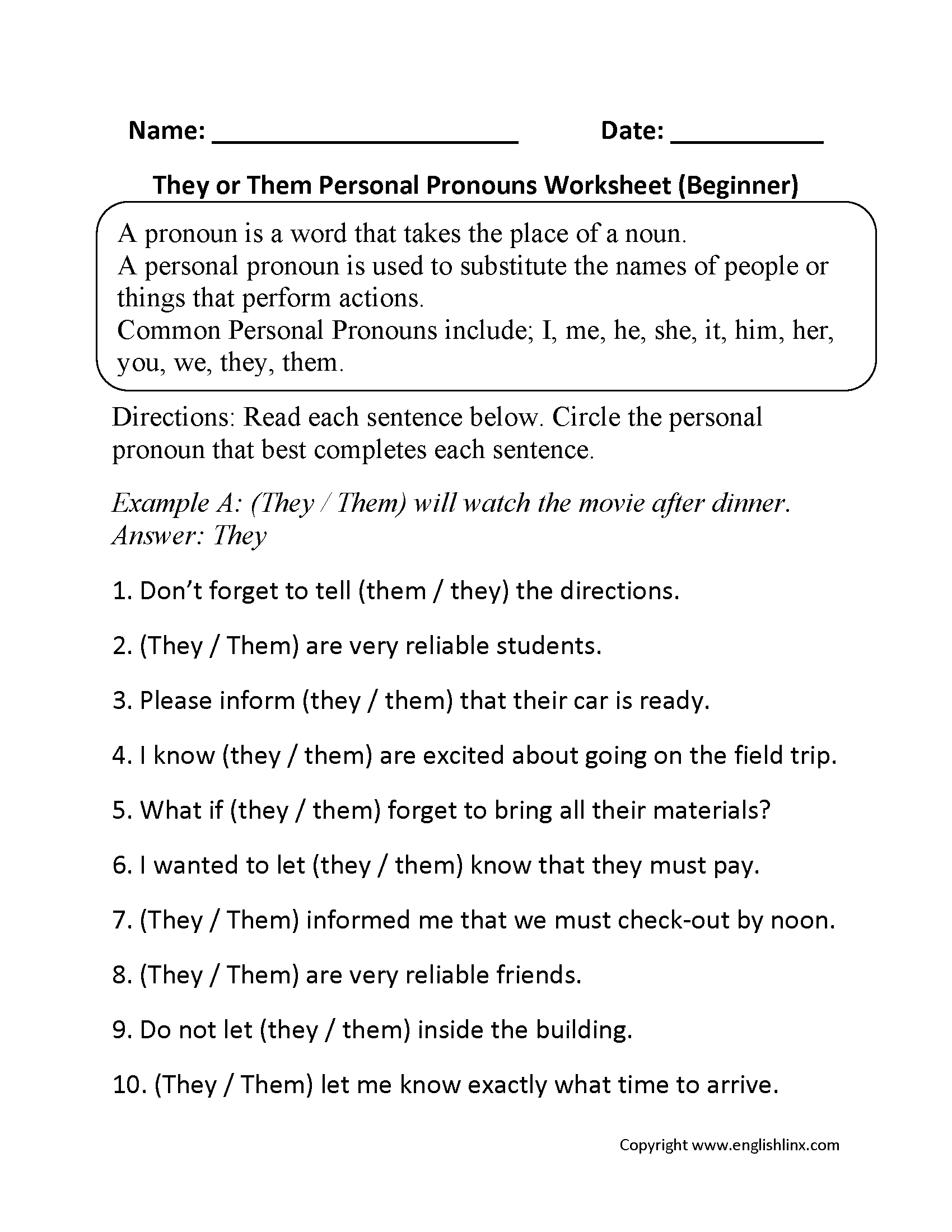 Pronoun List Printable For Sixth Grade Pronoun List Printable For Sixth Grade