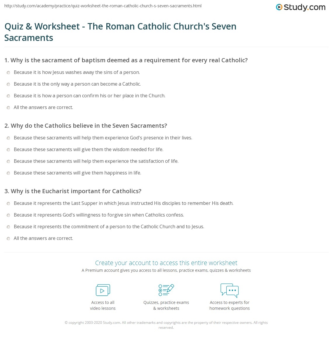 Quiz amp Worksheet The Roman Catholic Churchs Seven Sacraments Worksheets Library
