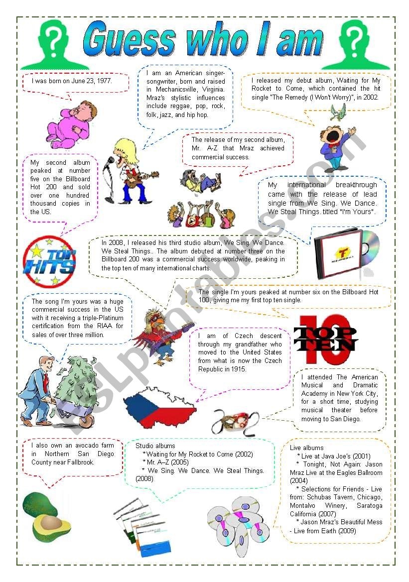 Quiz Guess Who I Am Lucky Jason Mraz Pre Listening Activity Fully Editable The Brazilian Soap Opera Viver A Vida Song Theme ESL Worksheet By Zailda