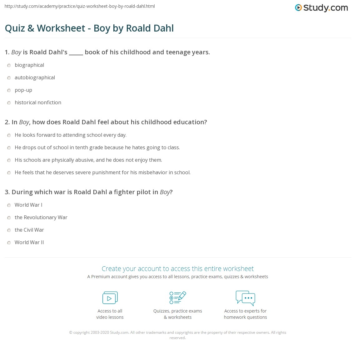 Quiz Worksheet Boy By Roald Dahl Study