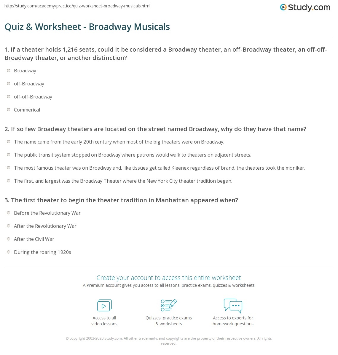 Quiz Worksheet Broadway Musicals Study