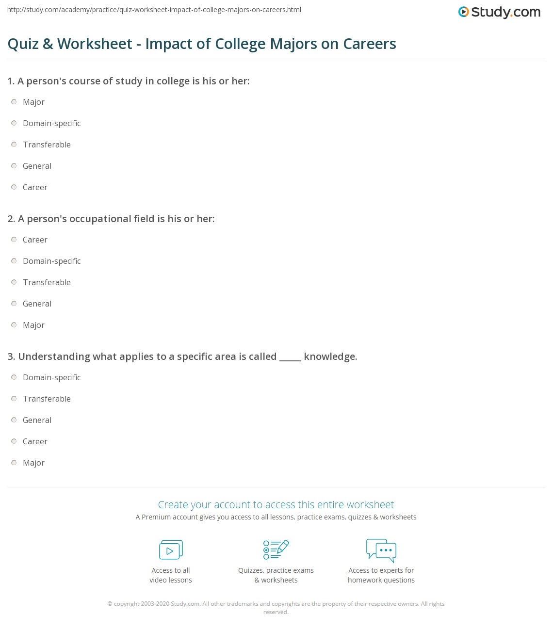 Quiz Worksheet Impact Of College Majors On Careers Study