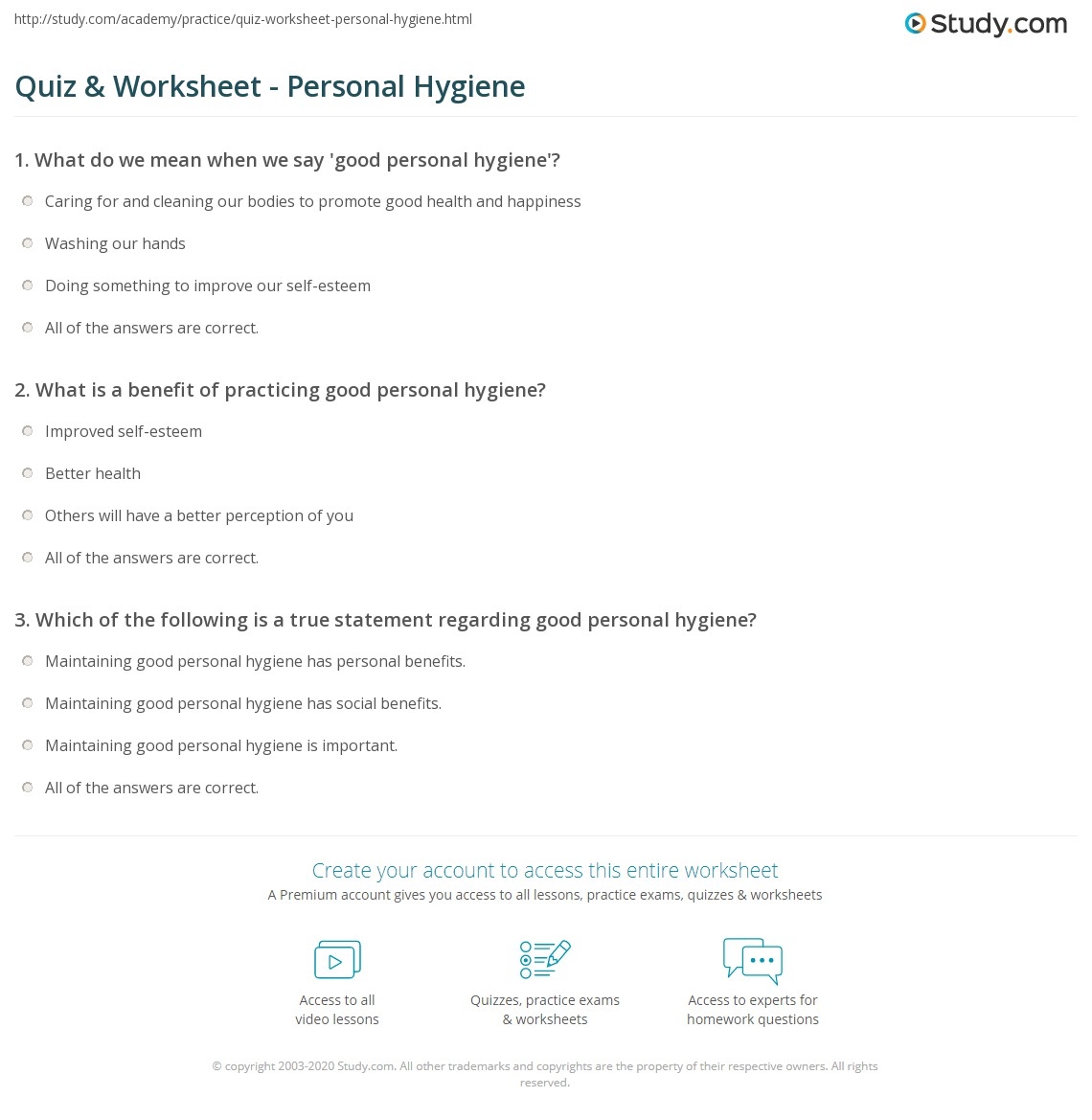 Quiz Worksheet Personal Hygiene Study