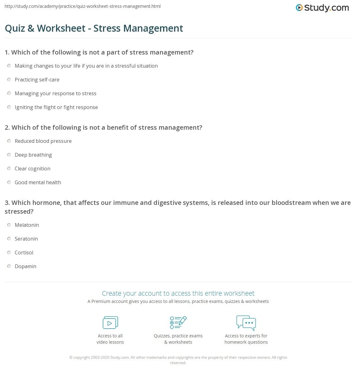 Quiz Worksheet Stress Management Study