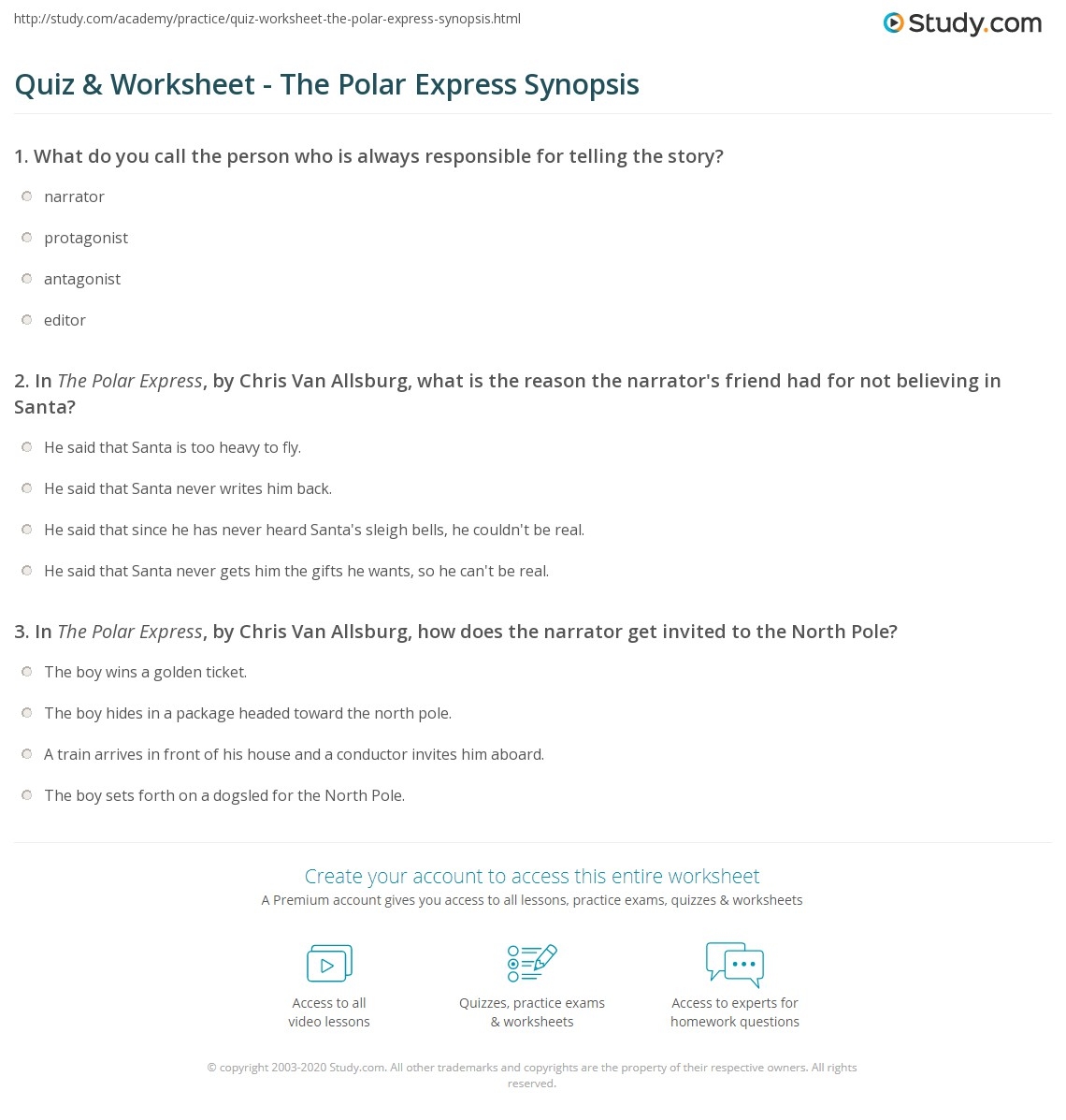 Quiz Worksheet The Polar Express Synopsis Study