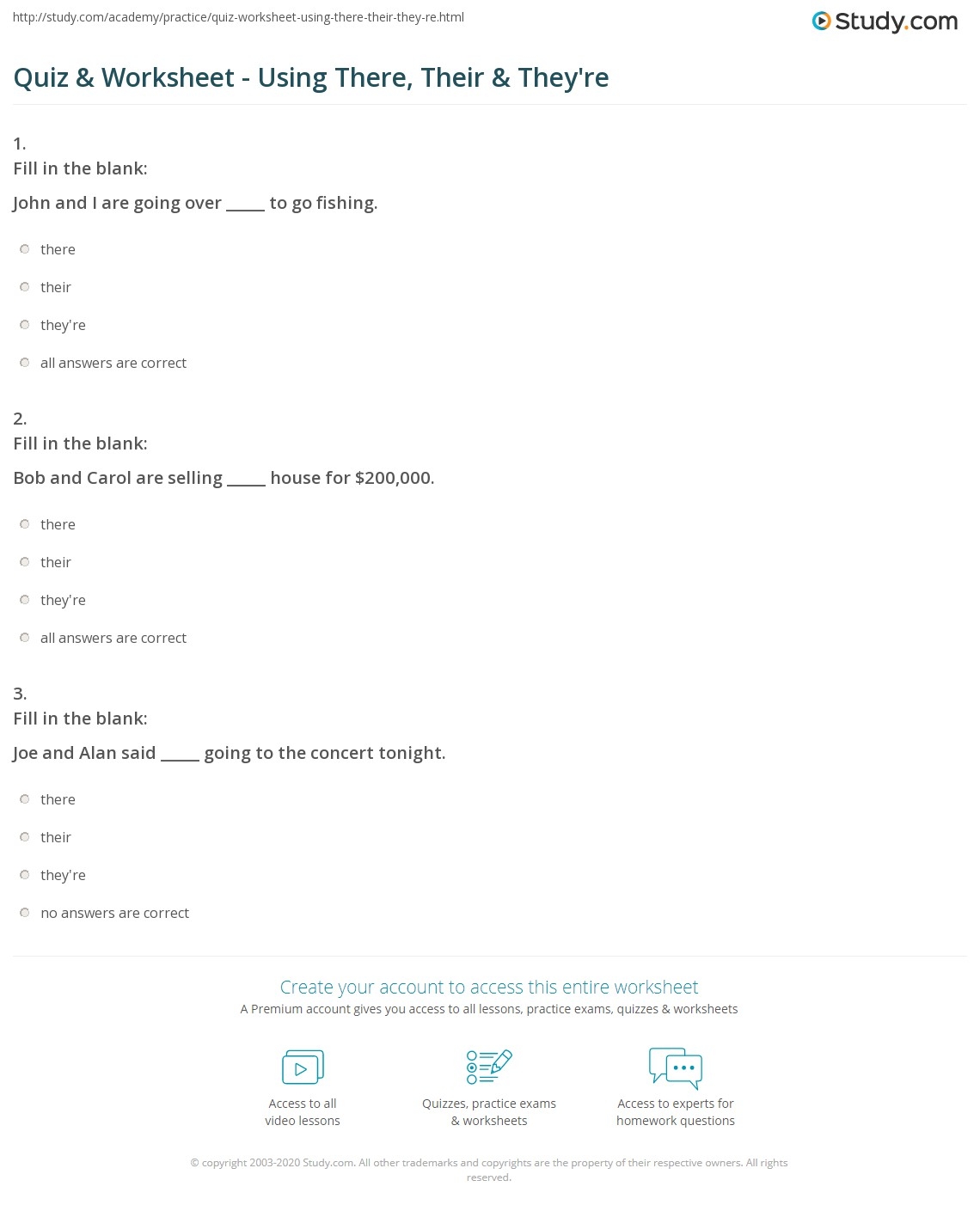 Quiz Worksheet Using There Their They re Study