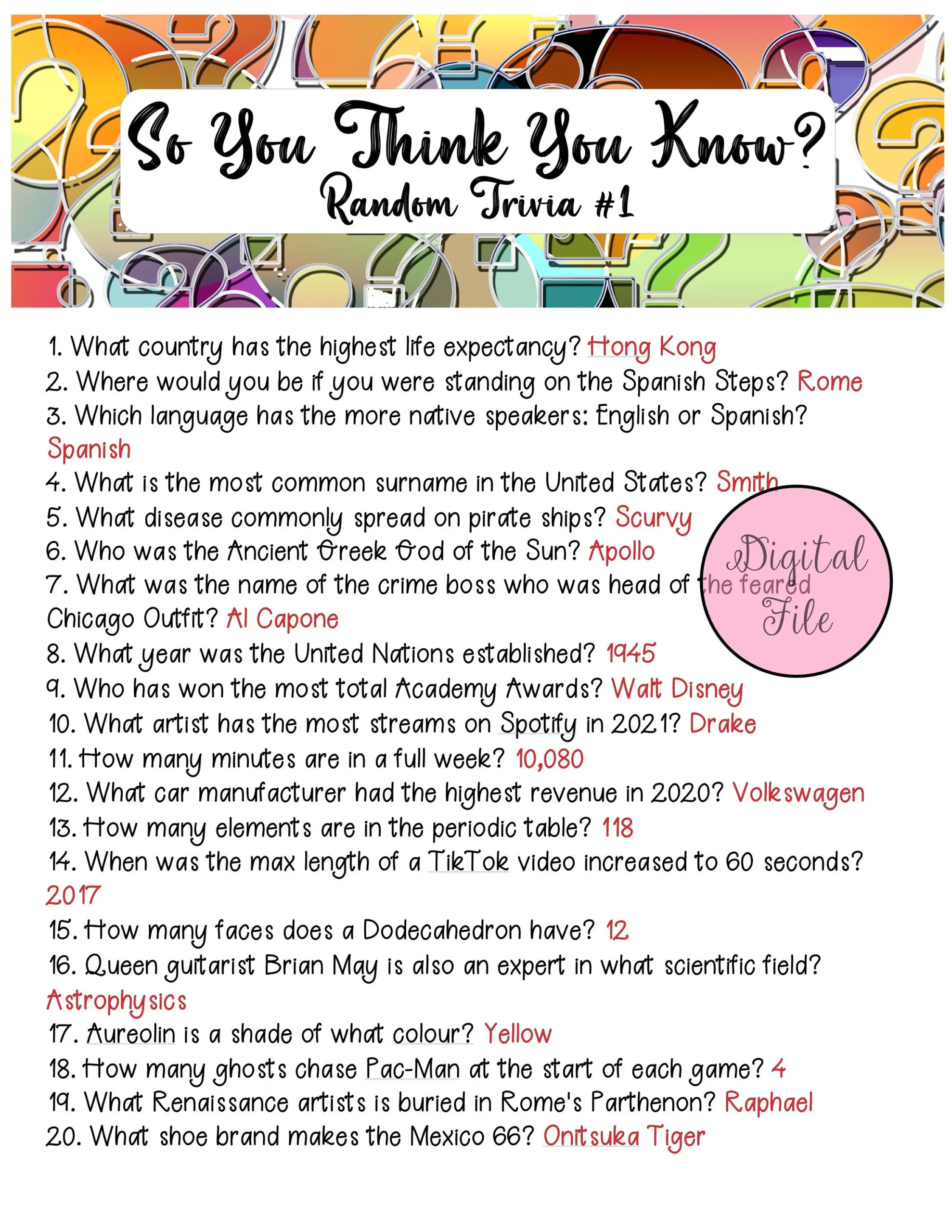 Random Trivia 1 fun Quiz printable Trivia random Trivia Etsy