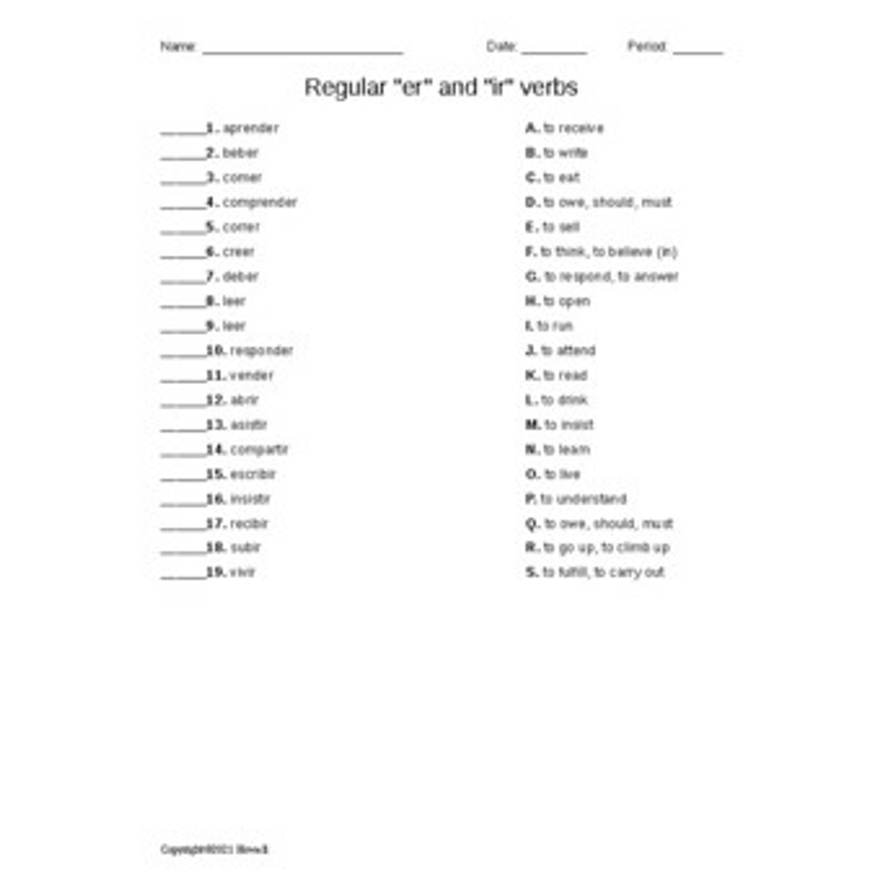 Er And Ir Verb Printable List Er And Ir Verb Printable List