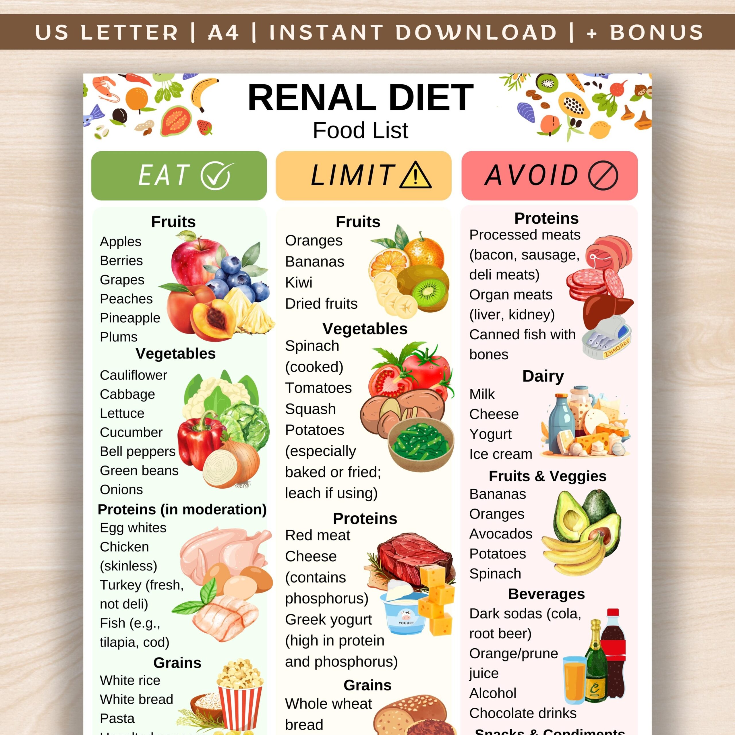 Renal Diet Food Chart Kidney Friendly Food List Renal Diet Foods Kidney Diet Renal Diet Grocery List Low Potassium Sodium Food List Etsy
