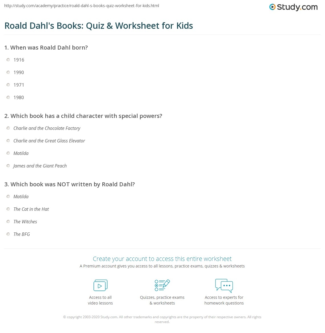 Roald Dahl s Books Quiz Worksheet For Kids Study