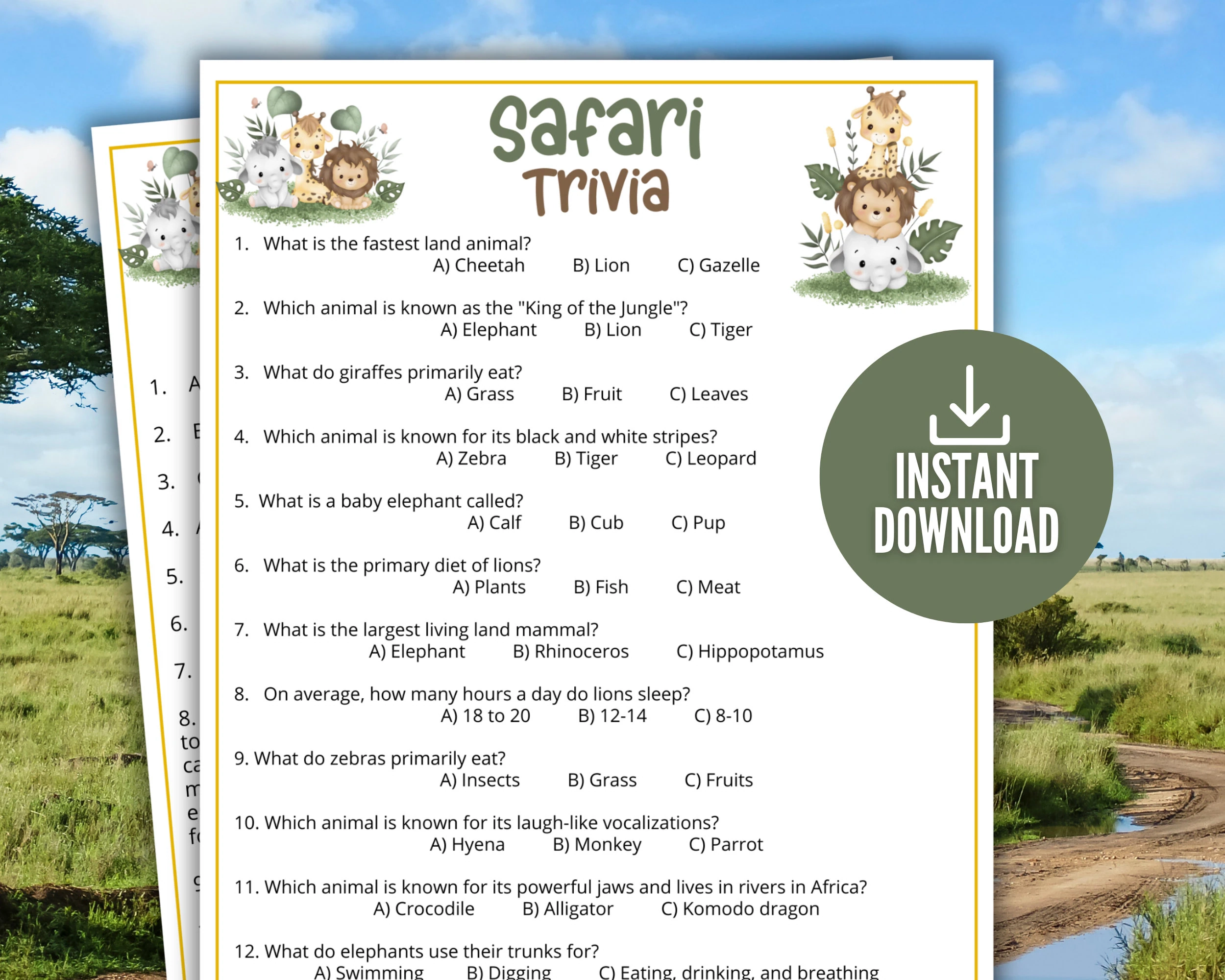 Safari Trivia Game Printable Animal Game For Kids Adults Safari Baby Shower Activity Daycare Mom Baby Fun Classroom Trivia Idea Etsy