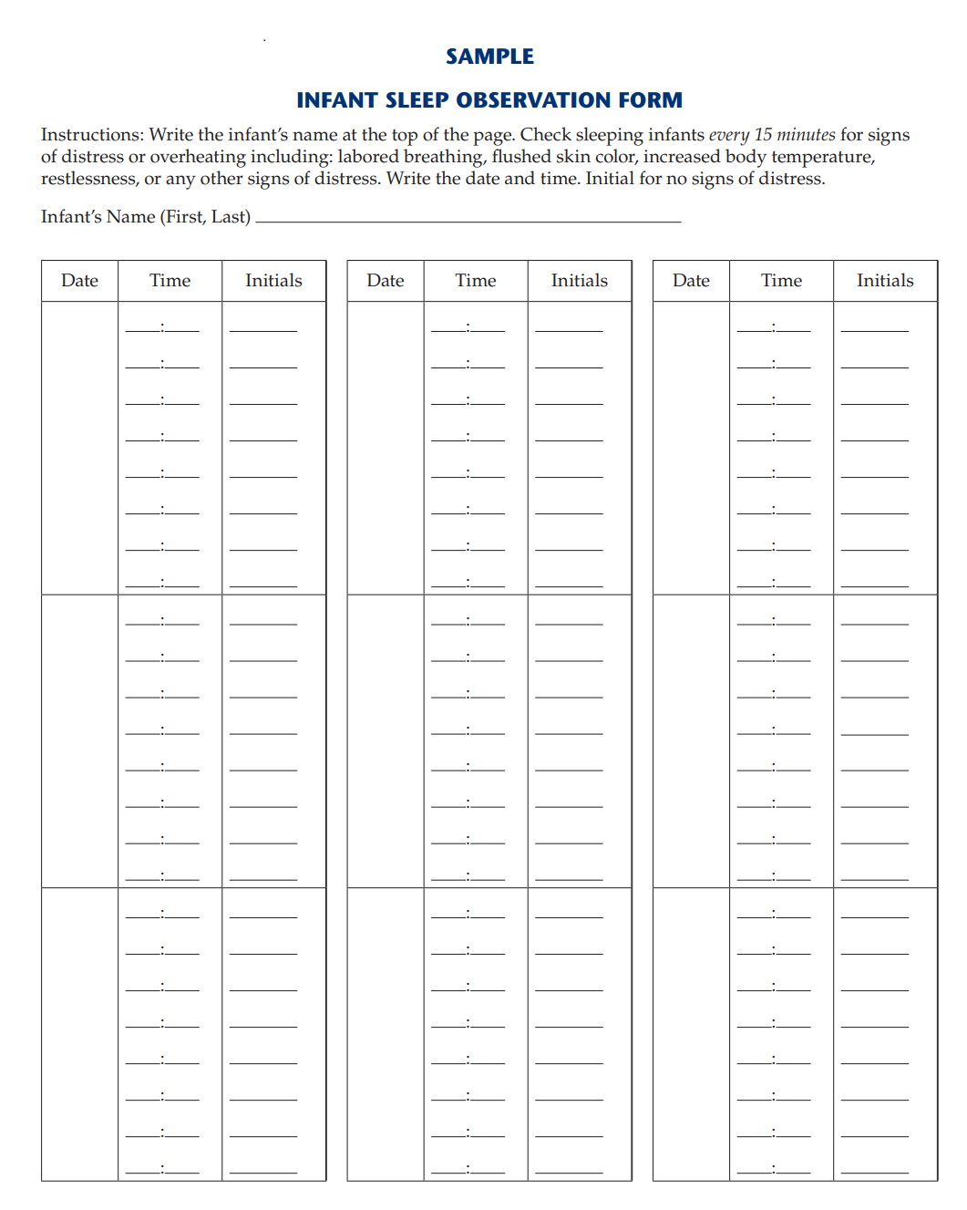 Sample Infant Sleep Observation Form California Childcare Health Program