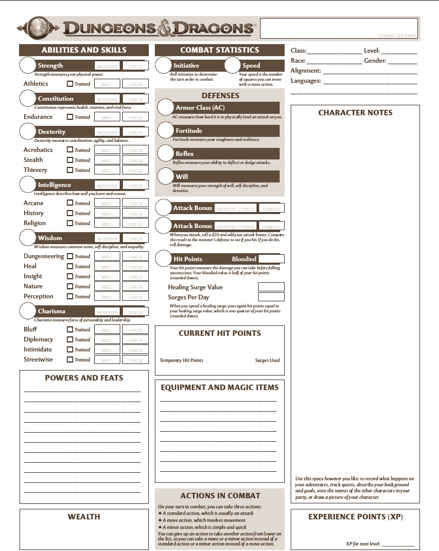 Character Sheets Printable 4.0 D&D Character Sheets Printable 4.0 D&D