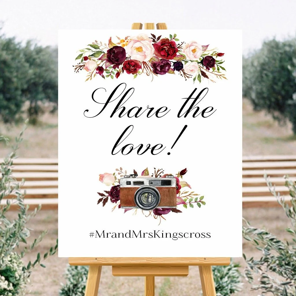 Share The Love Wedding Hashtag Marsala Floral White Sign Printable OhHappyPrintables