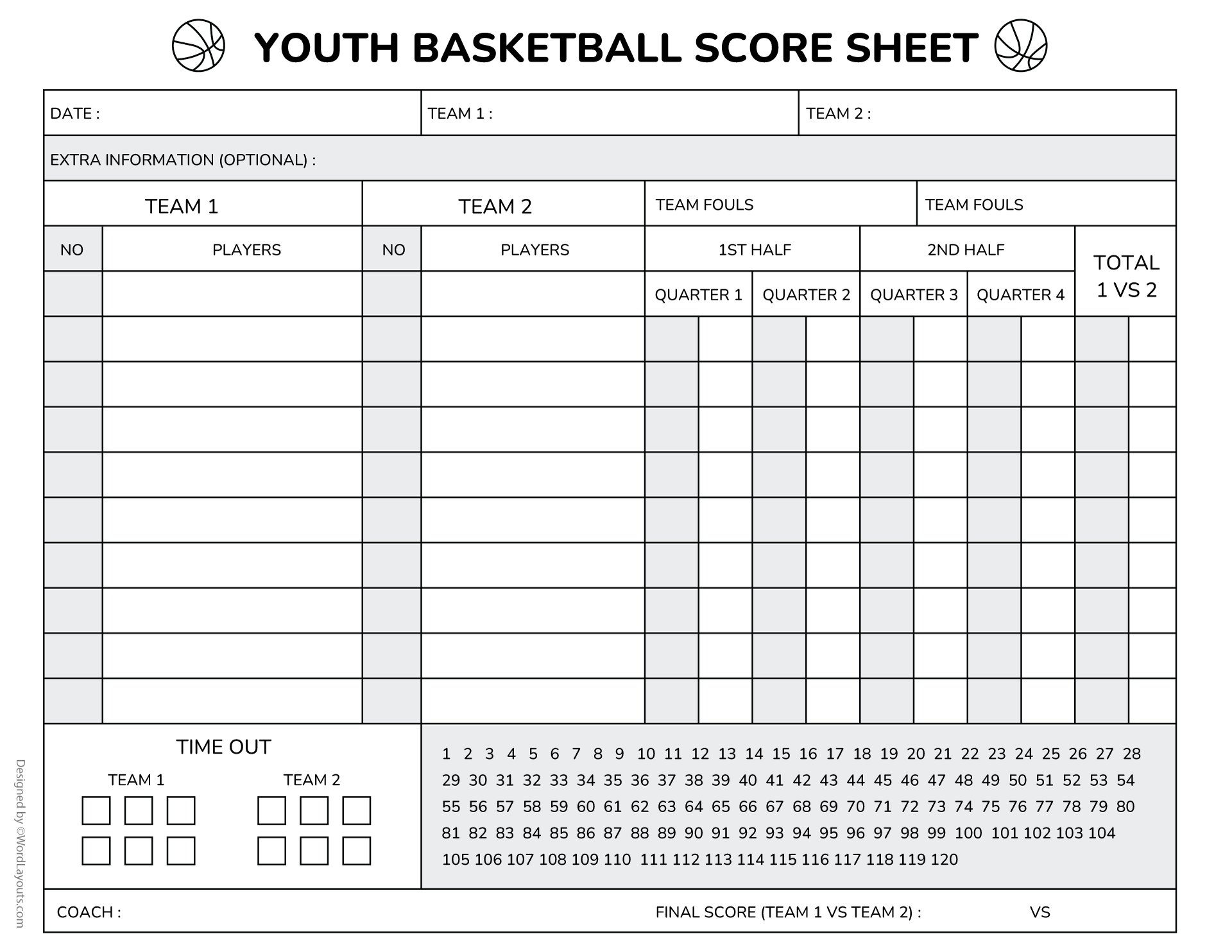 Shot Chart Basketball Score Sheet Template WordLayouts