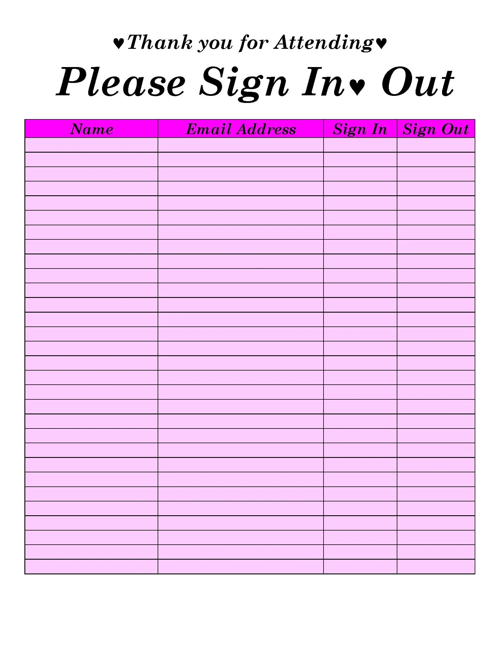 Printable Sign Out Sheet