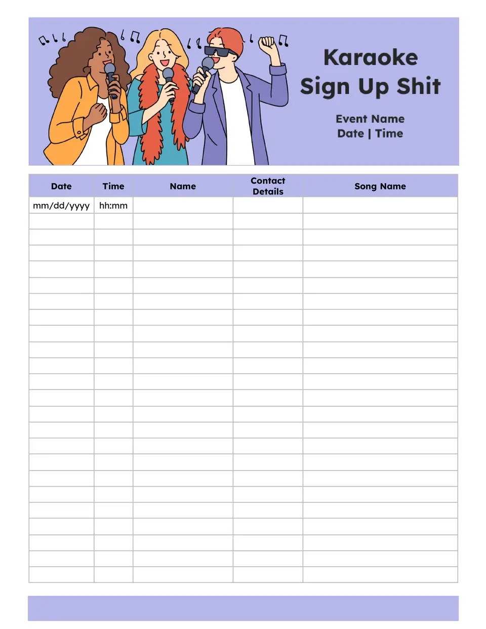 Printable Karaoke Sign Up Sheet