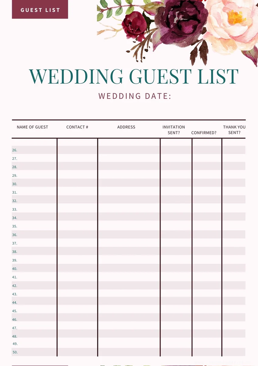 Simple Wedding Guest List Worksheet 5 Pages Culture Weddings Printable Store Simple Wedding Guest List Worksheet 5 Pages Culture Weddings Printable Store